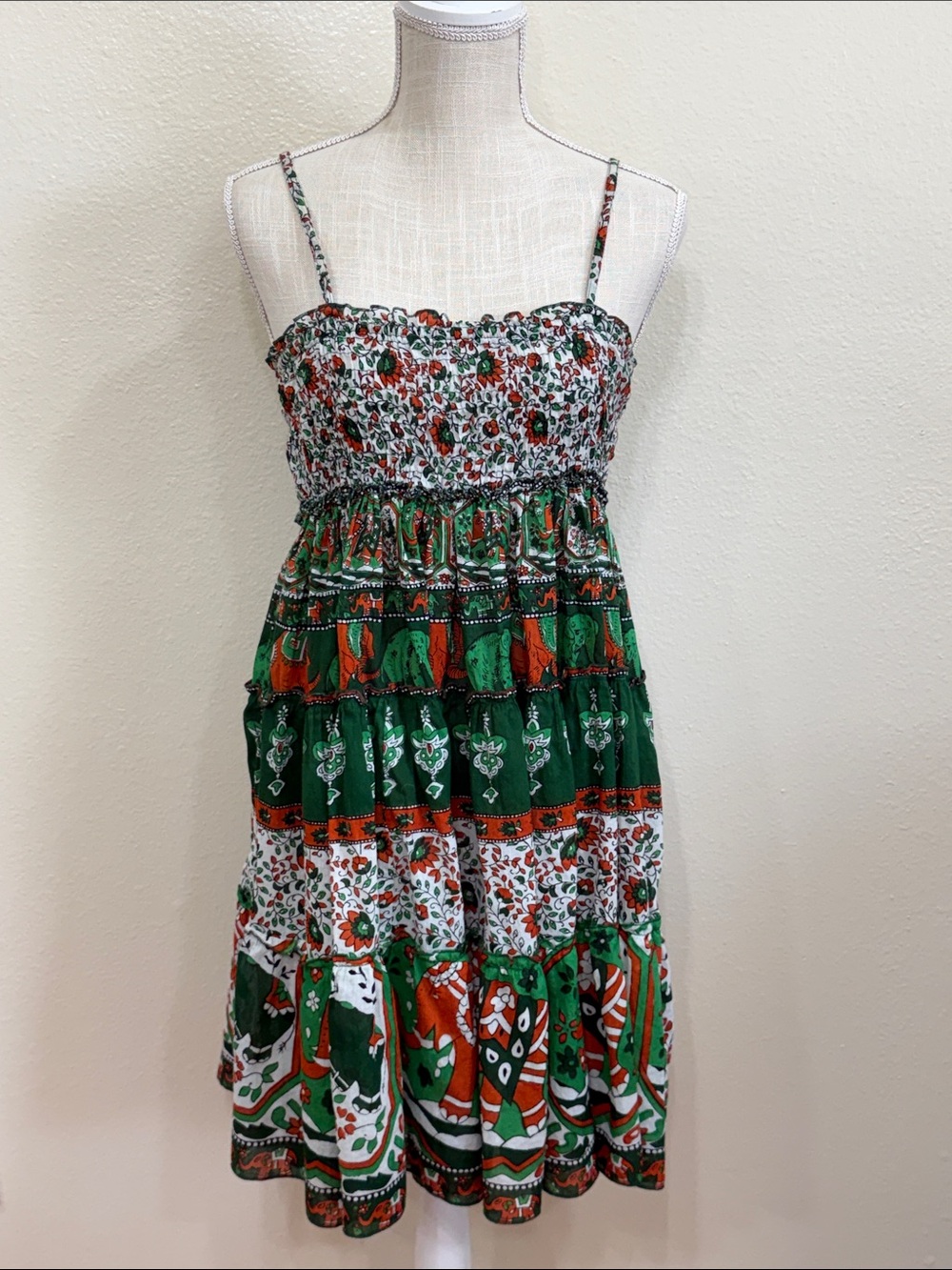 Chaudry KC Boho Smocked Midi Sundress Elephant Print Size Small